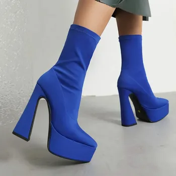2023 Нова мода жени глезена ботуши участък плат платформа площад висок ток пънк ботуши заострени пръсти есен зима дамски обувки