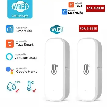Tuya ZigBee / WiFi интелигентен сензор за температура и влажност Захранван от батерии интелигентен дом за сигурност Работа с Alexa Google Home