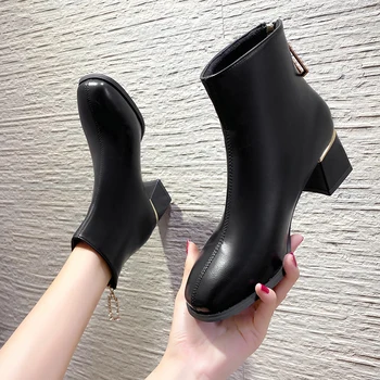 2023 мода жена къси ботуши кожа квадратни пръсти блок високи токчета участък botas Корея луксозен дизайн ципове обувки работни ботуши