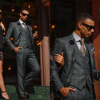 Тъмно сив кариран мъжки костюм по поръчка 3 броя еднореден модерен моден сватбен бизнес причинно-следствен бал палто + панталони съобразени