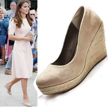EAGSITY Същият стил Кейт принцеса Espadrilles обувки Дамски клинове обувки за пети дамски обувки на платформа помпи кръгли пръсти обувки на висок ток