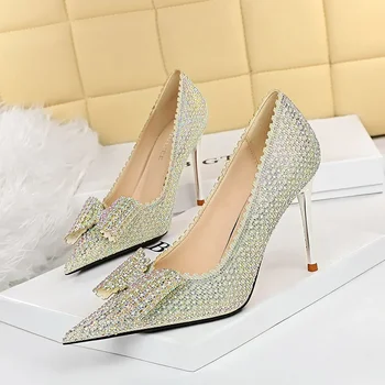 BIGTREE SHOES Европейска и американска мода банкет парти сладки дамски обувки заострени лък дамски високи токчета