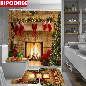 Весела Коледа баня душ завеси фестивал декор Коледа вечер камина 3D печат постелки за баня килими тоалетна покритие нехлъзгащ килим