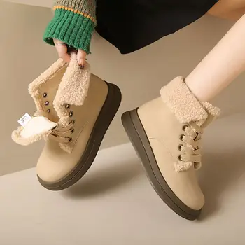 Snow Boots Women's 2023 Нови зимни неплъзгащи се памучни обувки за дамски ретро плюс топли ежедневни къси ботуши дантела нагоре плоски обувки