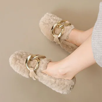 Fur Warm Flats Памучни обувки 2024 Нови дамски боти до глезена Марка Зимни къси плюшени ежедневни обувки Дизайнер Мека подметка Zapatillas Mujer