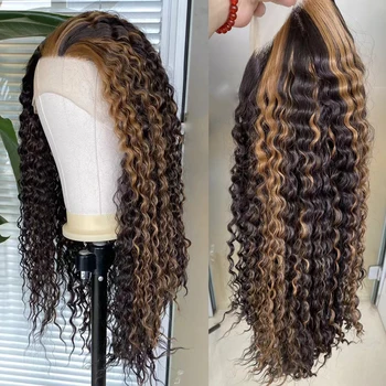 AIMEYA Дълги дълбоки къдрави перуки за черни жени Кафяво подчертано дантела отпред перука без лепило естествена линия на косата синтетична перука за коса Daily