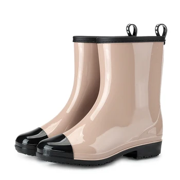 Поп Свободно време дъжд ботуши жени Обувки с нисък ток с кръгли пръсти водоустойчиви ботуши за дъжд в средата на тръбата chaussures femmesNice