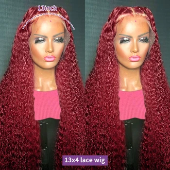 Wigirl 99J Бургундска прозрачна дълбока вълна дантела фронтална перука 13x4 червен цвят бразилски Remy къдрава човешка коса перуки за черни жени