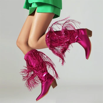 Western Cowboy Cowgirls Women Mid Calf Boots Thick High Heels Pointed Toe Shiny Glitter Tassels Shoes Woman Trendy Long Boots