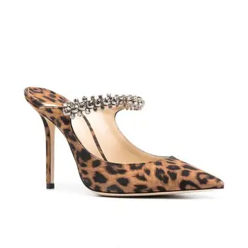Дамски леопард Мюлер чехли високи токчета заострени пръсти шило чехли диамант bling висок ток чехли голям размер обувки 343