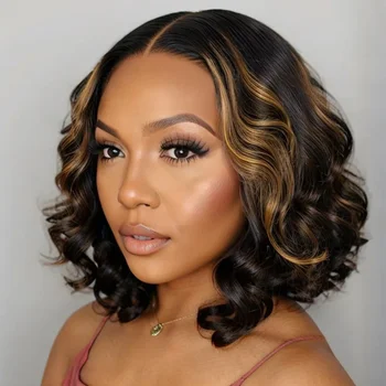Luvkiss Loose Wave Blonde Mix Side Part Short Wig 5x5 Glueless Wear To Go Human Hair Wigs with Secure 3D Dome Cap
