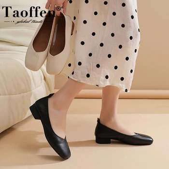 Taoffen Помпи с нисък ток Естествена крава кожа Квадратни пръсти буци петата мек офис дама работни обувки елегантен приплъзване на случайни плоски обувки