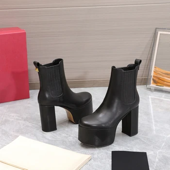 Обувки за жени размер35-42 естествена кожа ботуши нит супер високи токчета глезена ботуши плоска платформа дизайнерски обувки Zapatillas Mujer