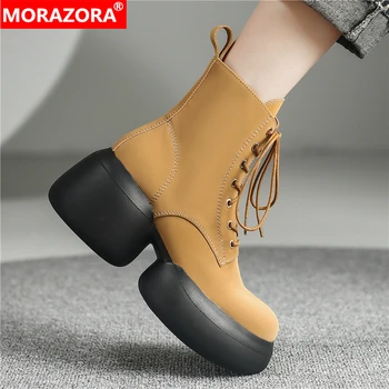 MORAZORA 2023 Нова природа вълна естествена кожа ботуши жени дантела нагоре платформа ботуши жълт черен мода глезена ботуши дамски обувки