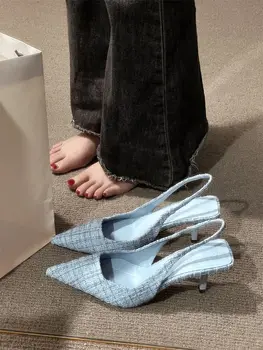 2023 Ново лято високи токчета женски заострени пръсти плитка уста Pull-on сандали Парти Сватба Елегантна мода Високи токчета