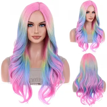 Rainbow Ombre перуки дълги вълнообразна перука за жени цветни Ombre къдрава топлоустойчиви синтетични перуки за коса за ежедневна употреба