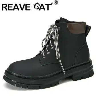 REAVE CAT дизайн обувки за дами буци кръг пръсти буци токчета 5 см дантела нагоре смесен плюс размер 42 43 свободно време женски ботуши S4582