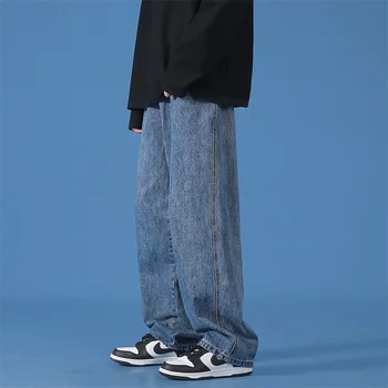 Улично облекло Плътен цвят Мъже Прави дънки Harajuku Man Ежедневни торбести дънкови панталони 2023 Корейски мъжки панталони с широк крак