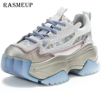 RASMEUP 2023 Маратонки Bling мокасини мода есен пролет случайни буци токчета естествена кожа платформа кристал дамски обувки