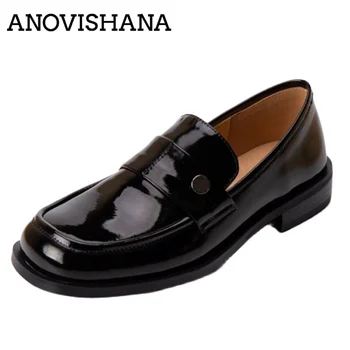 ANOVISHANA Дамски помпи Мокасини кръгли пръсти буци токчета крава сплит приплъзване ежедневни обувки голям размер 34-40 черен сив ретро S3122