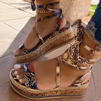 Дамски клин Сандали Лято Змийски обувки Етнически печат Мода Ежедневни обувки Дантела нагоре обувки жена плаж плюс размер обувки сандали