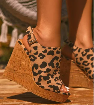 LIHUAMAO Леопардова платформа клинове петата надникне пръсти глезена каишка висок ток сандали дамски обувки помпи