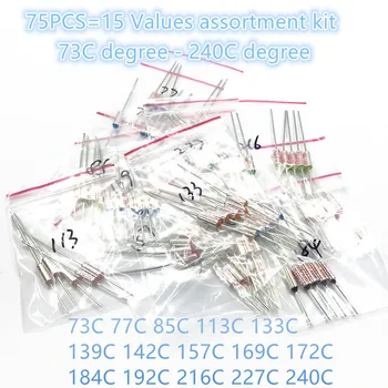 75PCS=15 Стойности (ВСЕКИ 5PCS) Асортимент комплект Термичен предпазител 10A 250V Cutoffs 73C- 240C Температура Предпазител