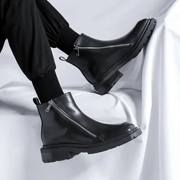 мъже луксозна мода челси ботуши черен тренд квадратни пръсти обувки марка дизайнер оригинална кожа обувка каубой платформа глезена botas