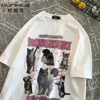 Хип-хоп тениска Улично облекло Японски канджи смешно котка отпечатани тениска 2023 Harajuku случайни къс ръкав тениска върхове