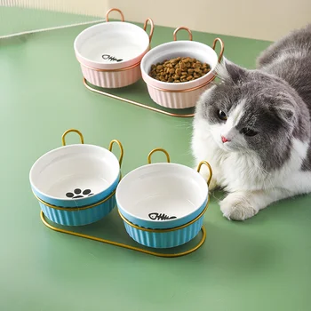 Керамична котка Двойна купа със стойка Кръгла кучешка метална издигната коте Храна за кученца Хранене ястие Поилка Вода Аксесоари за домашни любимци