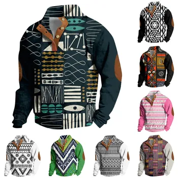 Мъжки суитчъри пролет есен пуловер половин бутон етнически стил върховете за мъжки качулка открит суитчър геометричен печат блуза
