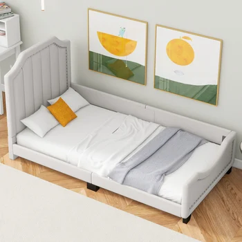  Twin Size Bed, тапицирано платформено легло с декорация на ноктите и мантинела, подходящо за деца, не се изисква пружина, бежово
