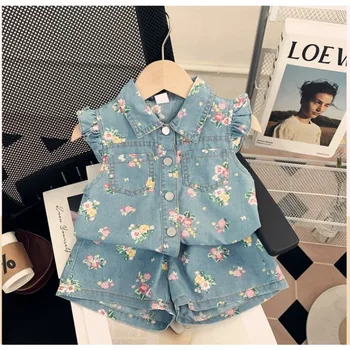 Summer Girls Denim Suit Girls Fly Sleeve Printed Suit Fashion Single Breasted Top + Shorts Two Piece Set Girls Clothes