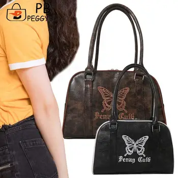 Жените кожена чанта водоустойчив цип рамо чанта бродирани пеперуда ретро голяма пазарска чанта чанта Hobo чанта Daily запознанства чанта