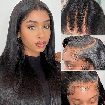Черна права дантела предни перуки дълги прави без лепило естествена топлоустойчива коса бебешка коса за черни жени
