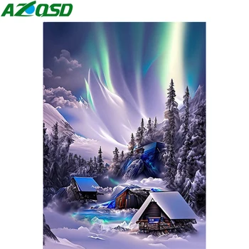 AZQSD 5d Направи си сам диамантена живописна къща Зимен пейзаж Ръчно изработена 30x40cm бродерия Aurora Forest Home Декор Кристали