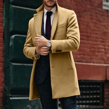 Официално палто Мъжка мода зимна вълна плътен цвят водолазка средна дължина яке хлабав годни зимно наметало мъжки дрехи за бизнес