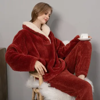 Дамски комплект пижами от коралово кадифе есен зима топла пижама с качулка 2 части комплект спално облекло хлабав руно плюшени качулки панталони комплект