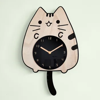 3D дървена карикатура котки стенен часовник декорация на дома детска стая декор размахване опашка творчески тих кварцов цифров люлеещ се часовник