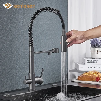 Senlesen Gun Сив пречистен кухненски кран Монтиране на палубата Горещ студен миксер Кран кран въртене спрей поток режим за филтър пие вода