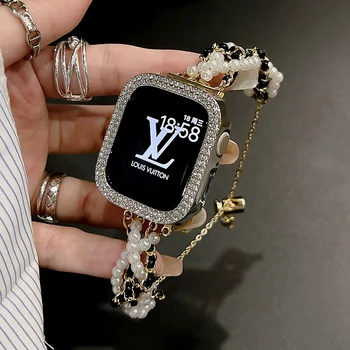 Луксозна перлена кожена каишка за Apple Watch 38mm 41mm 45mm 44mm 49mm Метална жена гривна Band за iWatch Series 9 8 7 6 SE 5 4 3