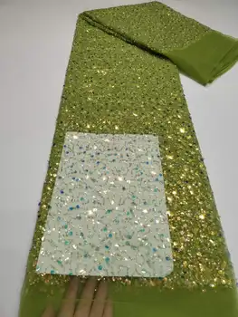 3D пайети тюл дантела зелен африкански последователност дантела плат с мъниста високо качество нигерийски френски окото мрежа дантела плат рокля