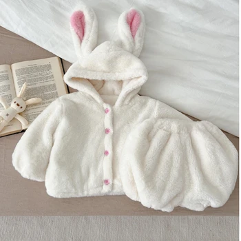 Baby Girl Winter Plush Cute Rabbit Set Infant Hooded Warming Cotton Top+Shorts 2Pcs Outdoor Suit Toddler 1-4 Years Clothing