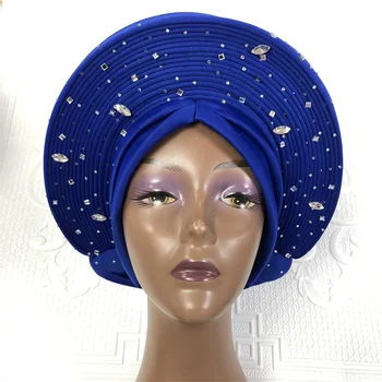 2022 Африкански шапки с хиджаб с мъниста вече направени Aso Oke Gele Headtie Blue Auto тюрбан тюрбан главата обвивка Дамска шапка шапка за парти