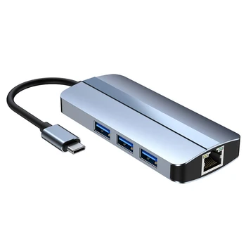6 в 1 Тип C USB HUB 5Gbps USB C док станция PD 100W USB 3.0 / 2.0 HDMI-съвместим 4K / 30HZ Ethernet RJ45 порт за iPad Pro / Mac