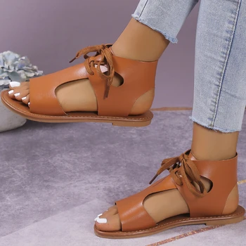 Дамски плоски сандали 2023 лято нова дантела нагоре отворени пръсти ежедневни сандали за жени на открито женски плажни обувки плюс размер дамски обувки