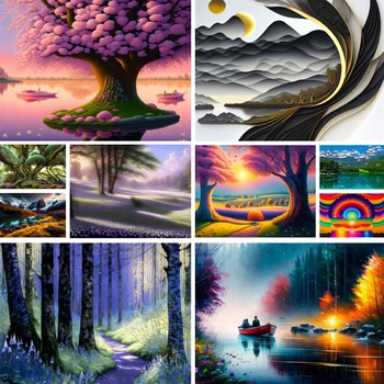 Пейзаж Прекрасна боя за природно дърво по номера Пълен комплект акрилни бои 50 * 70 платно картини Нов дизайн занаяти за възрастни