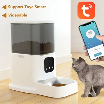 Хранилки за котки 6L Голям капацитет Tuya Smart Автоматично захранващо устройство за домашни любимци за котка куче WiFi Интелигентен диспенсър за суха храна Voice Recorde Bowl