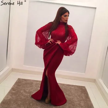 Вино червени дълги ръкави дантела вечерни рокли Дубай секси русалка висока яка вечерни рокли Serene Hill QA8002