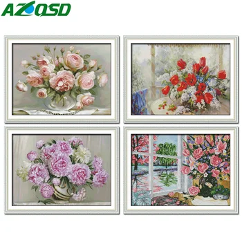 AZQSD кръстат бод комплект цвете роза ръкоделие комплекти бяло платно DIY 14CT 40x50cm бродерия флорални декорация дома